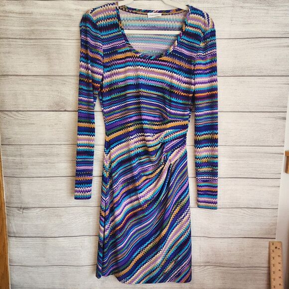 Calvin Klein S multicolor 70s strip long sleeeve jersey long dress - Picture 1 of 7